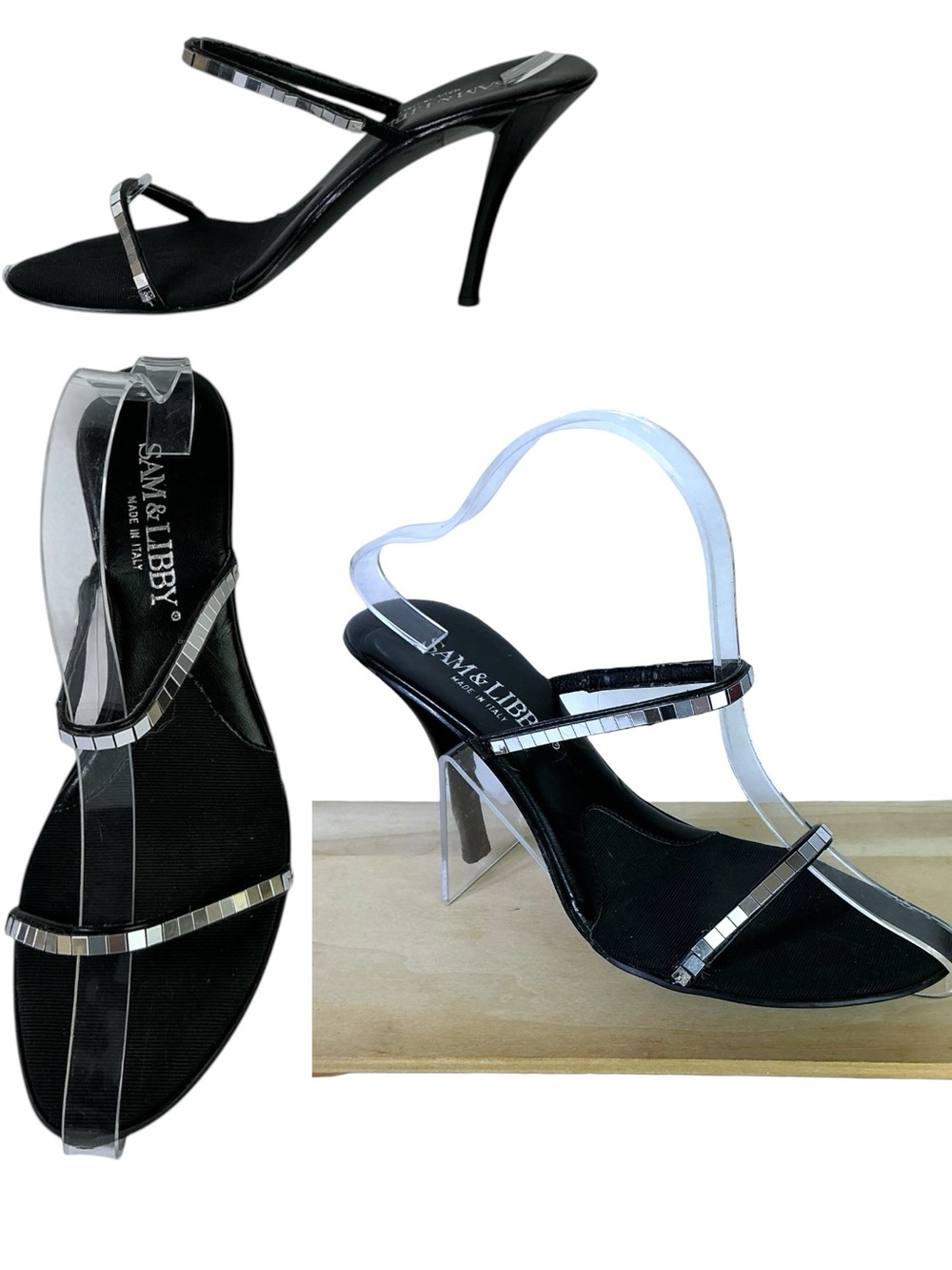 Stiletto 4” Dressy Heels Reflective Mirrored Tiles Straps Black Silver 7 1/2